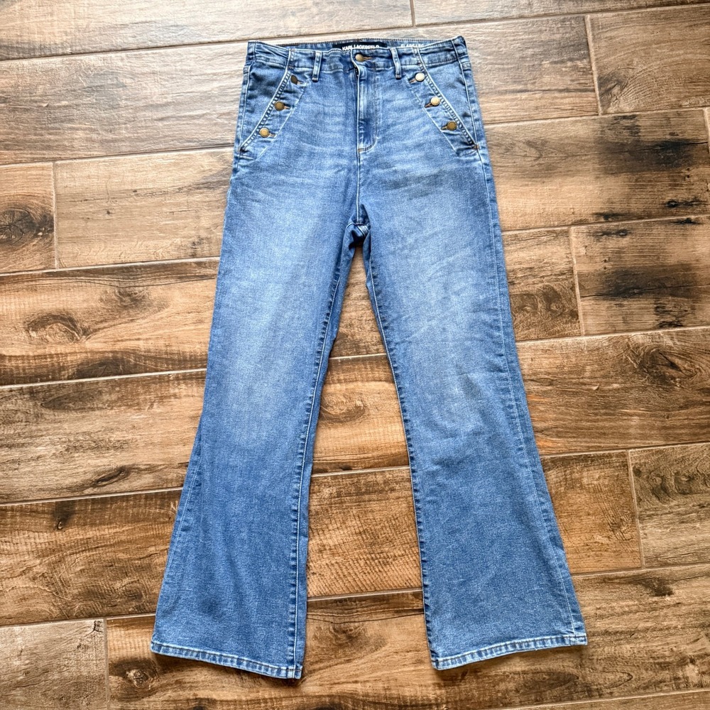 Karl Lagerfeld Womens Y2K Sailor High Rise Flare Leg Denim Jeans, Medium Wash,14